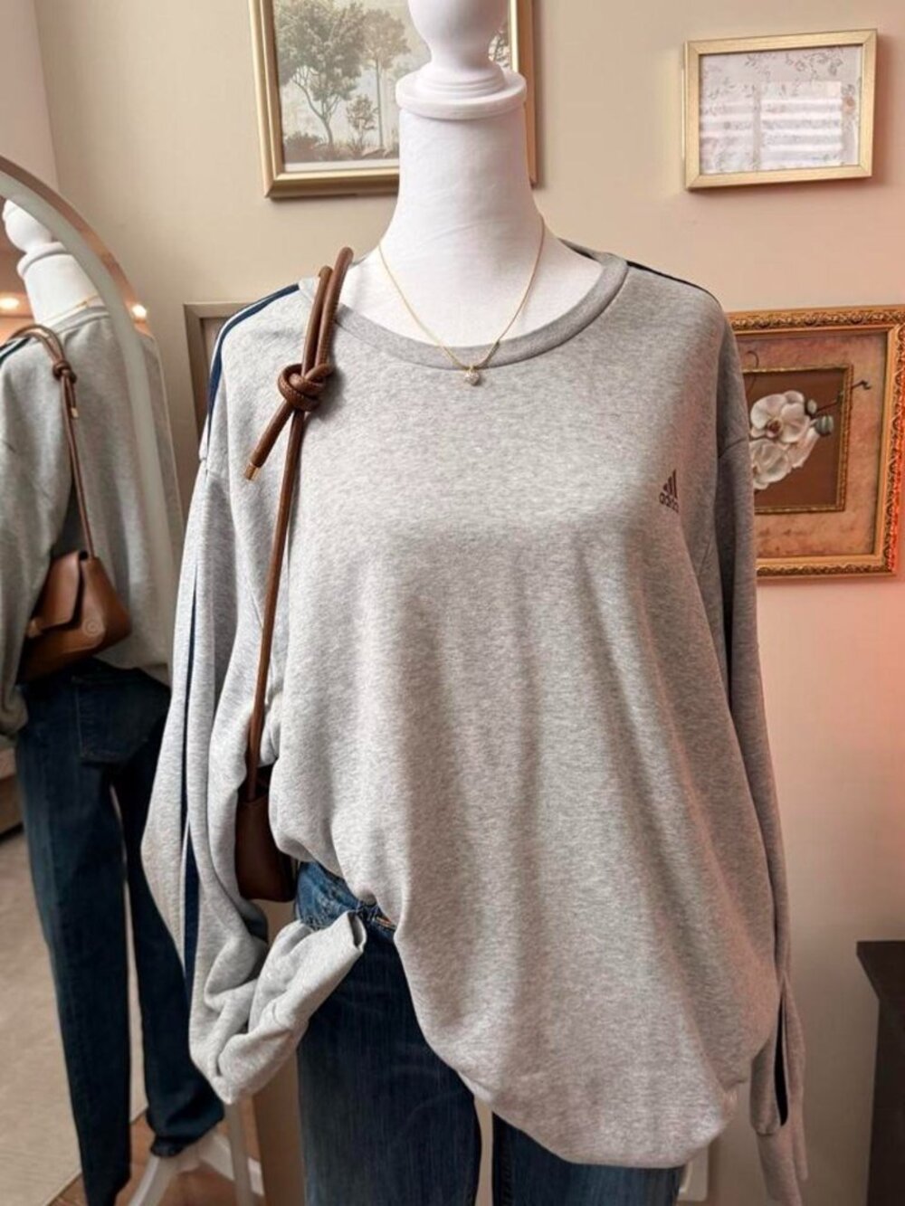Adidas Grey 3-Stripe Crewneck Sweatshirt
